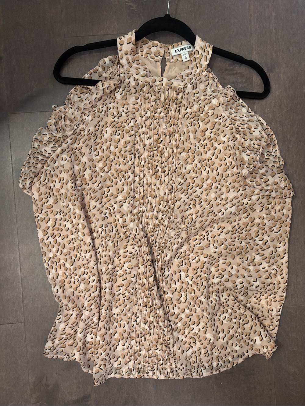 Express Beige and Brown Leopard-Print Pintuck Halter Blouse